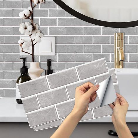 Stickers Carrelage - KZQ - Rectangle Adhésif Décoratif - 12 Pièces - 30x15cm - Imitation Ciment (1/5)