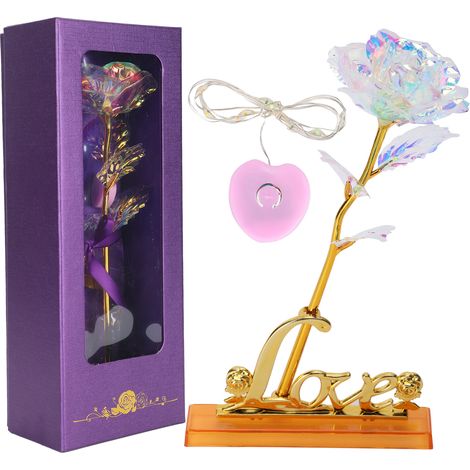 Bouquet de fleurs roses transparentes avec support d'affichage en forme de cœur, collection artisanale, boîte d'emballage violette, blanc et multicolore, décoration romantique. (1/5)