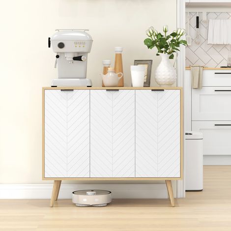 Buffet bas meuble de rangement 2 placards 3 portes motif chevrons étagères réglables 91.5 x 35 x 77.4 cm bois naturel