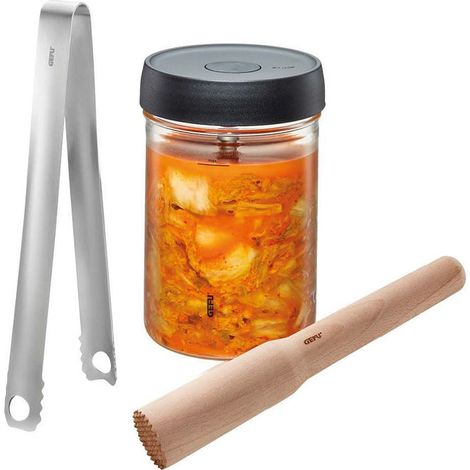Gefu 4006664158008 NATIVO Set di Fermentazione 1 L con Sistema Ferment Vent Coperchio Peso Pestello Pinze Ricettario incluso colore Trasparente Marrone Acciaio inox
