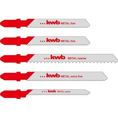 KWB 617290 LOT DE 5 LAMES DE SCIE SAUTEUSE EN MÉTAL HSS POUR COUPE GROSSIÈRE EXTRA FINE AVEC LAME DE SCIE COURBÉE AVEC TIGE EN T (1/3)