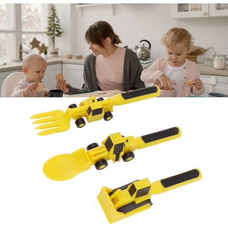 Ensemble de couverts pour enfants Dinneractive sur le thème des voitures (bulldozer, excavatrice, pelle) : couteau et fourchette (3 pièces). (1/5)