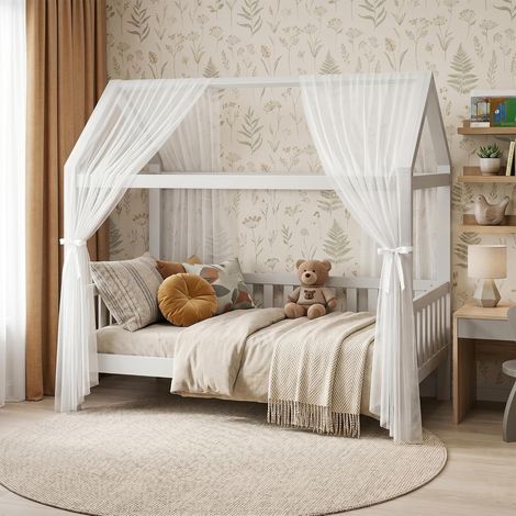 Lot de 2 baldaquins de lit en mousseline de soie pour lits de maison pour filles et garçons - Doux et respirant - Décoration de chambre d'enfant - 150 x 350 cm - Blanc (1/5)