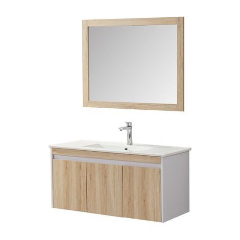 Ensemble de meubles de salle de bain suspendu en MDF blanc et naturel – Meuble sous-vasque 99 cm avec miroir et vasque en porcelaine – Wilsa Garden (1/3)