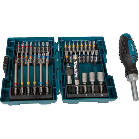 Makita – Coffret multi-outils 44 pièces avec poignée à cliquet ergonomique – Pour vis et embouts variés – Boîte de rangement bleue – E25096