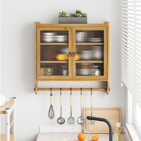 Armario de pared de madera maciza y MDF natural con puertas de vidrio acanalado, 63 x 18 x 60 cm, 3 niveles (1/5)