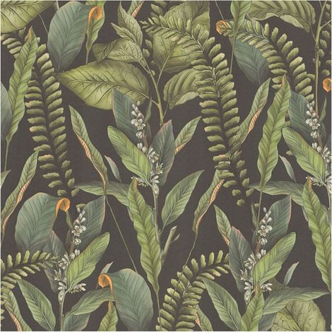 Flowers wallcovering wall Profhome 394131 hot embossed non-woven wallpaper slightly textured with jungle elements matt black green orange 5.33 m2 (1/5)