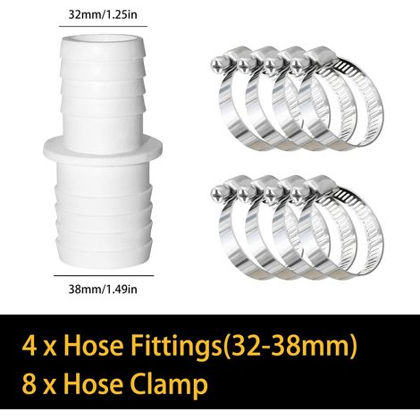 Juego de 4 conectores para manguera de piscina, conector de manguera con abrazaderas, diámetro de Ø 32 mm a 38 mm con 8 abrazaderas, adaptador de manguera de piscina, adaptadores de manguera
