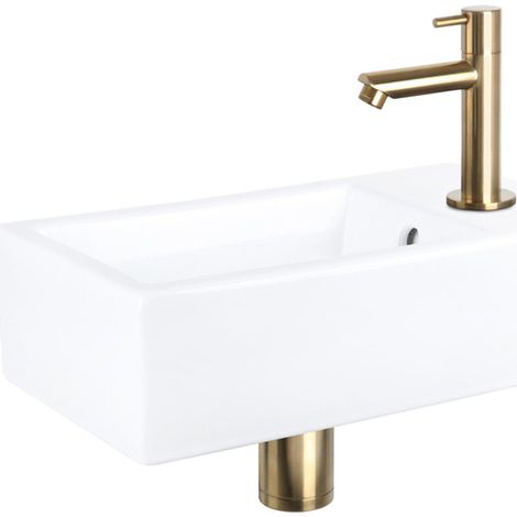 Differnz Force Set lave-mains 40x22x8cm 1 trou avec robinet droit et siphon + bonde dorés mat Rectangulaire Céramique Blanc (1/5)