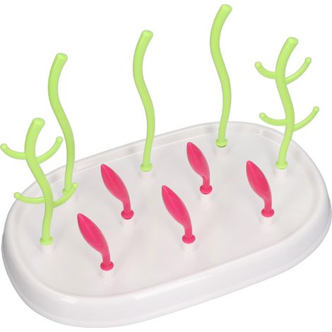 Égouttoir à biberons avec bac d'égouttage, support en plastique en forme d'arbre pour biberons, tétines, bouchons et tasses, tige verte sur base blanche. (1/5)