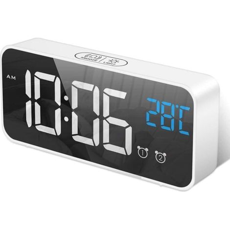 Réveil Numérique avec Grand Affichage de la Température LED, Alarme de Miroir Portable avec Double Alarme Roupillon Temps Gradateur de Luminosité Réglable sur 4 Niveaux (Blanc) (1/4)