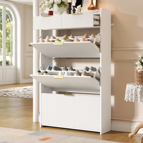 Schhschrank schmal - 80 x 25 x 135 cm - für Flur und Eingangsbereich mit 3 Klappfächern und 2 Schubladen moderner Schuhkipper aus Holz - weiß (1/5)