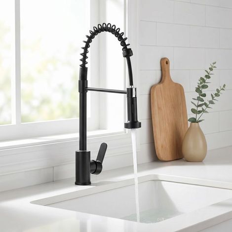 Grifo de Cocina Negro, Rotación de 360°, 2 Modos de Pulverización, Agua Caliente/Fría, grifo de lavabo (1/5)