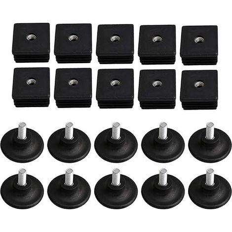 Tappi per gambe per mobili in plastica nera con filettatura M8 da 40 mm x 40 mm, tappi ciechi, tappi terminali a pressione con piedini filettati regolabili per tubi quadrati, confezione da 10