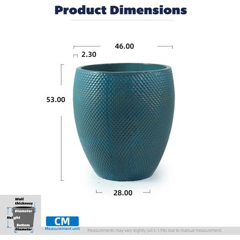 Grand pot de jardin en grès céramique turquoise, diamètre 46 cm, hauteur 53 cm, texture losange brillante, poreux et antigel, avec évacuation d'eau, idéal terrasse, balcon ou salon. (1/5)