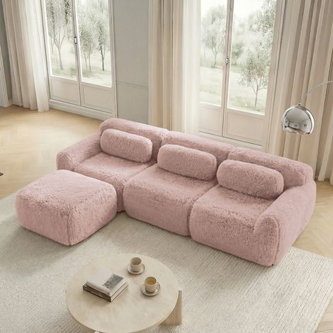Canapé d’angle modulaire Plüsch Rosa, rahmenlos, ohne Montage, mit Ottomanen-Element und Kissen