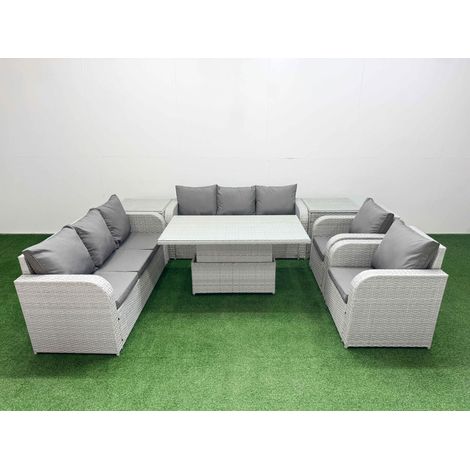 Fimous PE Rattan High Back Lounge Sofa Set Patio Adjustable Lifting Dining or Coffee Table & Chairs Set with 3 Seater Sofa Reclining Chair 2 Side Table Light Grey (1/5)