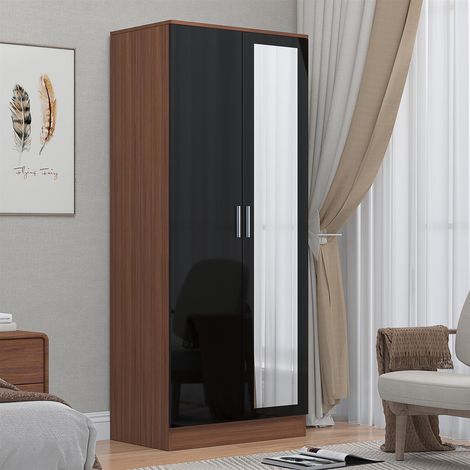Reflect 2 Door Mirrored Wardrobe - Black Gloss & Walnut - Hanging Rails & Shelves - Modern Sleek Design