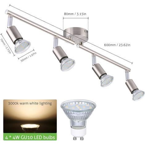 LED-Deckenleuchte mit 4 verstellbaren Spots, Silber 4 x 4W GU10 LED-Deckenspotleiste Innenbeleuchtung für Wohnzimmer Esszimmer Küche Flur [Energieklasse A] (1/4)
