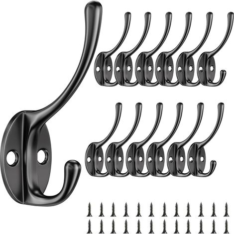 12 pièces Crochet Mural, Crochet Porte Manteau avec Vis, Vintage en Métal Double Patères Porte Manteaux,Léger et Pratique Coat Hooks, pour Chambre, Armoire, Salle de Bain (Noir) (1/5)