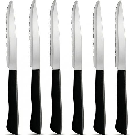 Set 6 Coltelli Bistecca e Pizza Professionale Lama Seghettata in Acciaio Inox Speciale Made in Italy Manico nero Ergonomico per Carne e Ristorazione