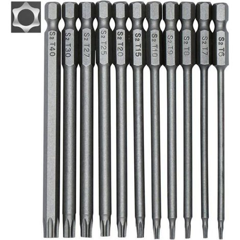 Jeu de 11 embouts longs Torx - Embouts magnétiques - Tige hexagonale de 1/4" - Tailles T6 à T40 - Longueur 100 mm (1/5)