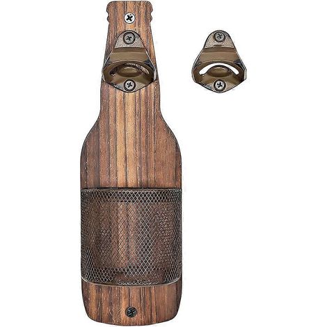 Ouvre-bouteille mural vintage en bois avec récupérateur de capsules, idéal pour les traiteurs, les bars et les amateurs de bière. (1/5)