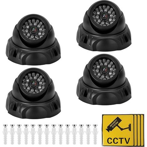 Lot de 4 Fausses Caméras, Fausse Caméra de Surveillance avec LED Rouge Clignotante, Fausse Caméra Extérieure Résistante aux Intempéries pour la Surveillance de la Maison et du Bureau (Noir) (1/5)