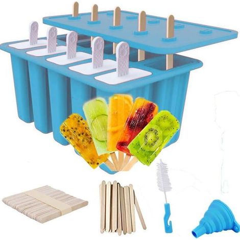 HOXILEELEOMoules à glace maison en silicone sans BPA, lot de 10 avec 50 bâtonnets, 10 réutilisables, entonnoir et pinceau, bleu (1/4)