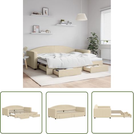 The Living Store Tagesbett Ausziehbar mit Schubladen Creme 90x200 cm Stoff - Sofa Bett - Gästebett - Schlafsofa - Doppelbett - Tagesbett (1/5)