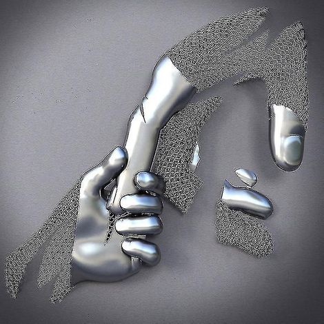 Dreidimensionale Metallwandskulptur, die ein Paar in grauer Herzform darstellt (Linglai) – 40 x 40 cm – Silber FD32 (1/3)
