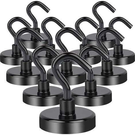 Lot de 12 crochets magnétiques en néodyme super puissants de 30 kg, crochet de 32 mm, sans perçage, pour porte en fer, crochet magnétique pour cuisine, camping, casier, bureau (1/4)
