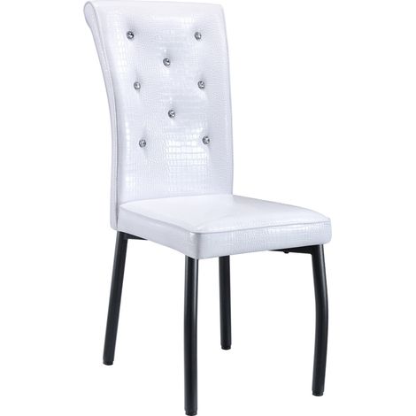 Ensemble repas avec table ronde effet marbre blanc et 2 chaises blanches en simili cuir à boutons, pieds métalliques (1/5)