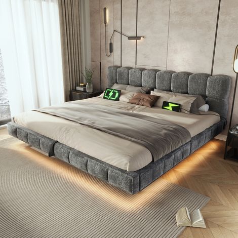 Lit coffre 180 x 200 cm, lit adulte avec rangement, rangement hydraulique, éclairage LED, connectique USB, sommier à lattes inclus, tissu, gris (1/5)