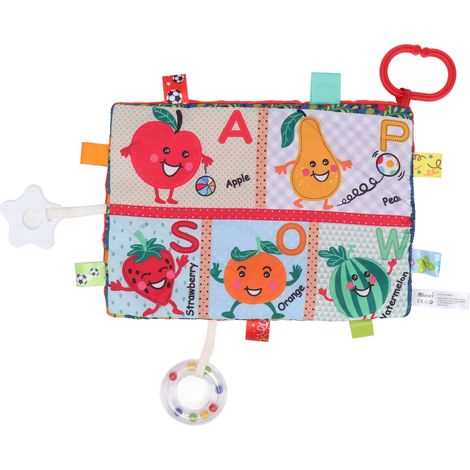 Lot de 2 serviettes apaisantes bébé multifonctions, forme étoile de mer, avec anneau de dentition fruits, fond rouge pastèque, couverture sensorielle sécurisée. (1/5)
