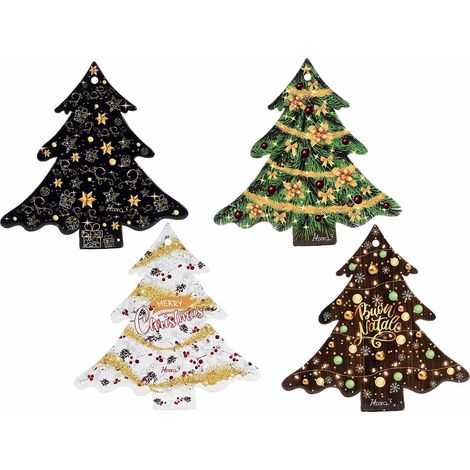 Dessous-de-plat sapin de Noël en céramique brillante et base en liège, lot de 4, 20 x H. 20 cm