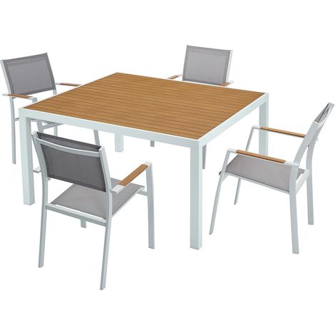 Salle à manger de jardin en aluminium : une table carrée L.140 cm et 4 fauteuils empilables - Naturel clair et gris - MACILA de MYLIA (1/5)