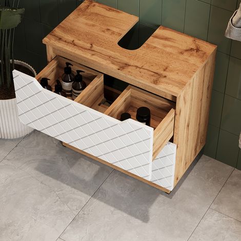 Mobile sottolavabo per bagno Lotta, Rovere/bianco con struttura in piastrelle, 59.8 x 62.5 cm con 2 cassetti, Vicco (1/5)