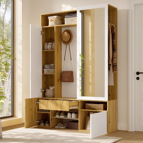 Vestiaire d'entrée - 127x35x180.5cm - miroir - meuble à chaussures - penderie - crochets - armoire - panneaux de particules - naturel et blanc (1/5)