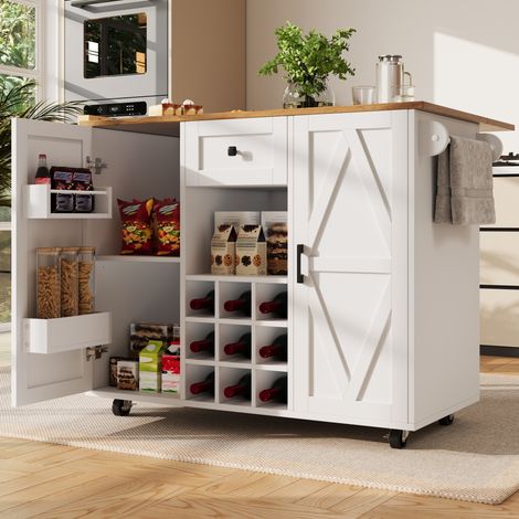 Mobile cucina isola con piano di lavoro estensibile, bianco, MDF e metallo HAVRYA (1/5)