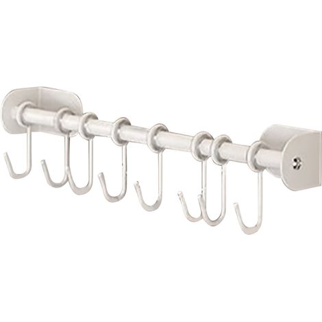 Étagère de rangement de cuisine 201, en acier inoxydable, murale, autocollante, avec 8 crochets pour ranger spatules, cuillères, casseroles et poêles, blanche, 40 cm, barre simple (1/5)