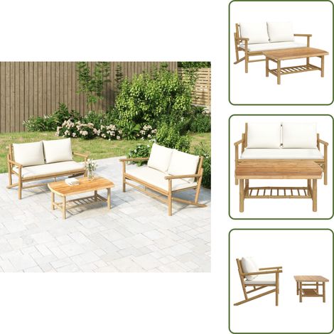 Mesa de centro - vidaXL Set de muebles de jardín 2 piezas bambú y cojines blanco crema - Cojines para banco