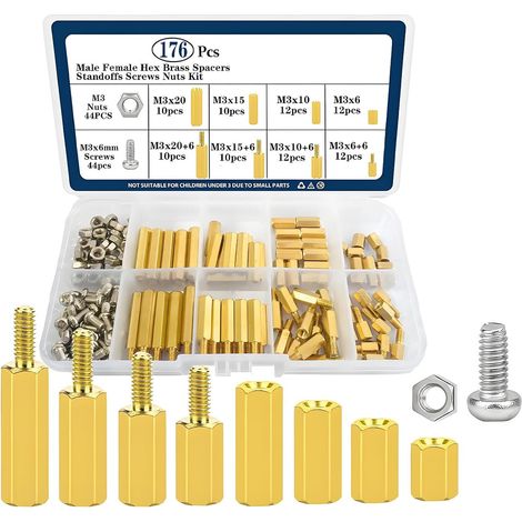 176 Pieces M3 Brass Standoff Kit M3 Spacer Screws with Standoff M3 and Standoff Elastic M3 Hexagonal Standoff for PCB Motherboard Electronic Assembly (1/5)
