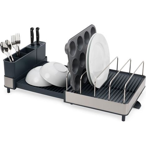 Séchoir à Vaisselle Extensible avec Compartiment à Couverts, Bec D'Égouttage Pivotant, Acier Inoxydable (1/5)