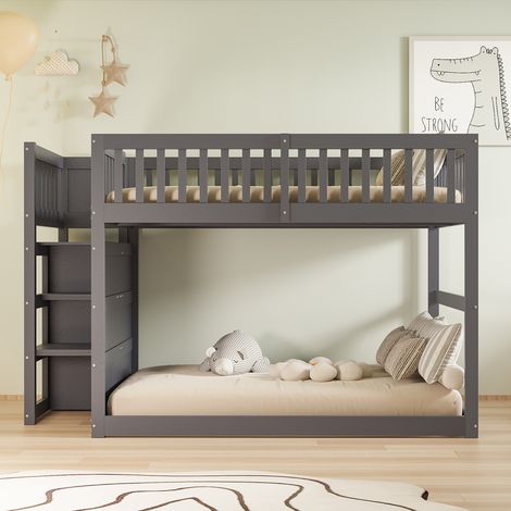 Lit superposé bas 140 x 200 cm,lit superposé de sécurité avec compartiment de rangement,design de haute clôture,lit en bois,gris