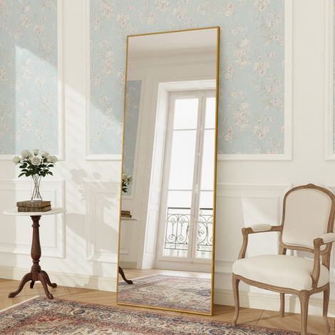 Miroir sur pied, Verre sécurité définition avec film incassable, l.77 x H.177 cm, cadre métal, peut être suspendu, miroir sur pied rectangulaire, Doré (1/5)