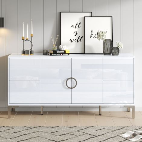 Sideboard 150x38x59,5 cm Weiß MDF Hochglanz mit 4 Schubladen, 2 Türen und Metallfüßen (1/5)