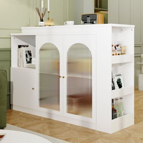 Table de bar pivotante 360° 120x40x97 cm blanche, design moderne avec rangement multifonction et porte vitrée pour cuisine ou bar (1/5)