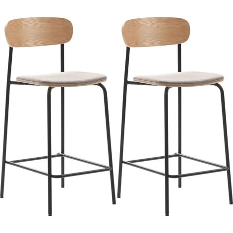 Lot de 2 tabourets de bar dossier bois assise tissu taupe et pieds métal noir - RIDILA (1/5)