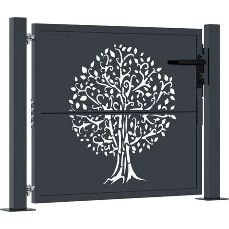 Portail de jardin couleur anthracite, 100x75 cm, design en acier en forme d'arbre.